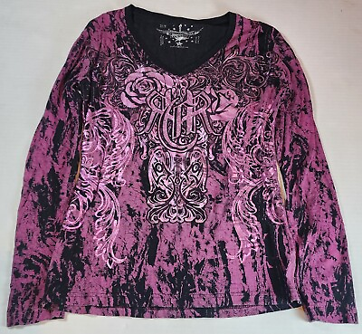 #ad Rock amp; Roll Cowgirl Pink Black Tie Dye Metallic Graphics Shirt Junior#x27;s Large $20.00