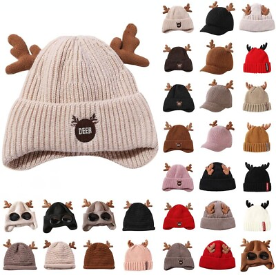 #ad Christmas Hats Autumn And Winter Unisex Knitted Hats Antlers Fleece Knitted Hats $12.86