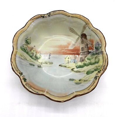 #ad Vintage Dessert serving Bowl Made in Nippon Windmill Scene Moriagé Painting $15.00