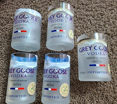 Lot of 5 Grey Goose Vodka Hand Cut Frosted Bottle Drinking France Glasses OLD $49.99