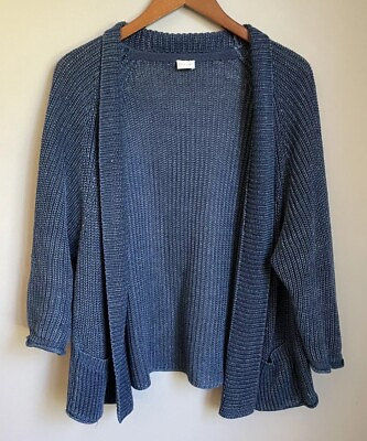 #ad Poetry 100% Knit Linen Cardigan Size 12 14 Large Open Navy Blue $40.50