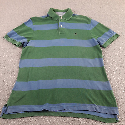 #ad Tommy Hilfiger Polo Shirt Mens M Medium Green Blue Striped Designer Casual Top GBP 14.95