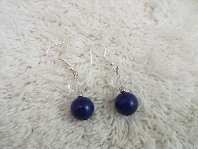 #ad Silvertone Crystal amp; Navy Blue Riverstone Bead Pierced Earrings F9 $1.00
