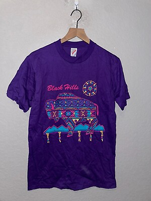 #ad 90s Vintage Black Hills SD Buffalo Bison Art Artwork Purple Shirt Tee 1990s VTG $30.00