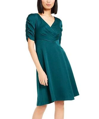 #ad $398 Nanette Lepore Satin Ruched Sleeve Empire Waist Surplice Dress 10 NWOT $124.31