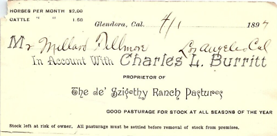 #ad 1897 GLENDORA CA DE#x27; SZIGETHY RANCH PASTURES CHARLES L BURRITT BILLHEAD Z3426 $17.39