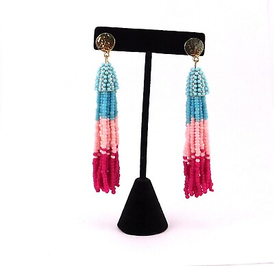 #ad J Crew Beaded Tassel Dangle Pierced Earrings 3 tone Turquoise Pinks $11.99