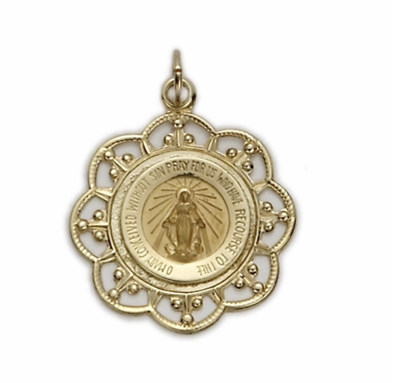 #ad 14K GOLD ROUND FILIGREE MIRACULOUS MEDAL IN A POLISHED BORDER FINISH NECKLACE $359.99