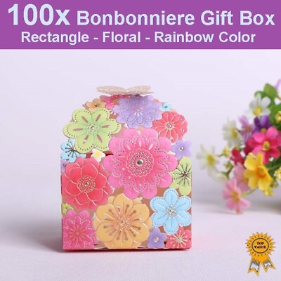 #ad 100x Floral Laser Cut Wedding Bonbonniere Bomboniere Candy Gift Boxes Rainbow AU $71.99