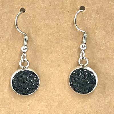 #ad Black Silver Druzy Earrings Sparkle Lightweight Faux Stone 1quot; Long Silvertone F $6.89