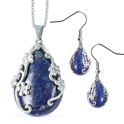 #ad Blue Lapis Lazuli Jewelry Set White Crystal Flower Earrings Pendant Necklace 20quot; $15.38