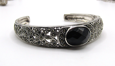 #ad Elegant White Gold Filled Sterling Silver Marcasite and Glass Cuff Bracelet 7.5quot; $43.50