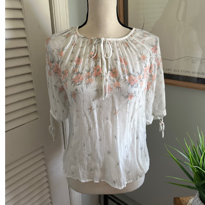 #ad LUCKY BRAND Womens White Floral Chiffon Half Sleeve Bohemian Peasant Top M $14.99