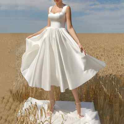 #ad Short Satin Wedding Dresses Sweetheart Simple A Line Tea Length Bridal Gowns $65.84