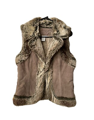 #ad NEW Vintage Y2K 100% Leather Faux Fur Lined Boho Vest Size Medium Taupe Suede $69.00