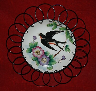 #ad Vintage WALL DECOR Hand Painted BIRDS PORCELAIN PLATE Wire Frame 1940#x27;s JAPAN $16.10