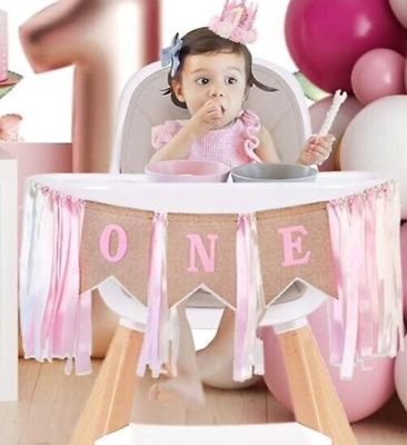 #ad Pink quot;Onequot; 1st Birthday High Chair Banner Decoration Princess Ribbons $7.99