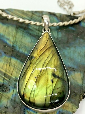 #ad Milor Sterling Silver 43mm Yellow Shimmer Teardrop Labradorite Necklace 20quot; $80.00
