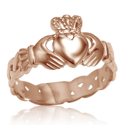#ad Solid 10K Rose Gold Claddagh Ring With Trinity Band For Womens $409.49
