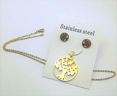 Tree of Life Jewelry Set Stainless Steel Beautiful Round Pendant and Earrings $13.99