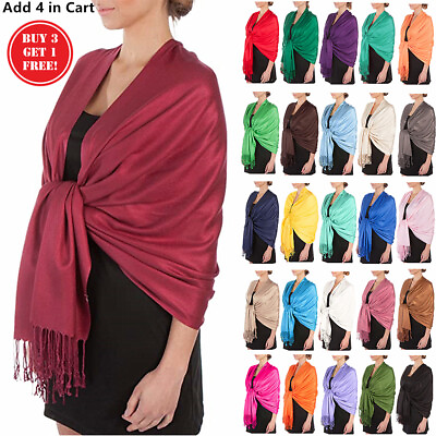 #ad 2PLY 78X28 Pashmina Solid Silk Shawl Wrap Cashmere Wool Feel Silky Stole Scarf $8.99