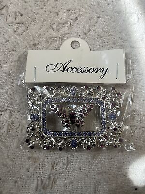 #ad Purple Blue Rhinestone Filled Pink Square Buckle Butterfly Center Great Vintage $9.99