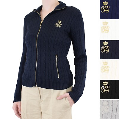 #ad Ralph Lauren Women#x27;s Sweater Cable Knit with Monogrammed Logo Sweater Jacket $39.99