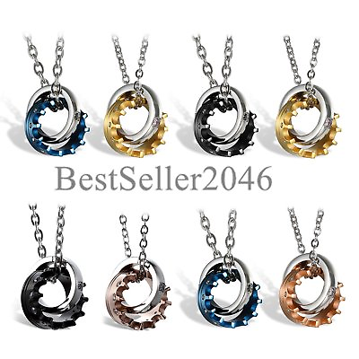 #ad 2pcs Hisamp;Hers King Queen Crown Ring Couple Necklace Set Stainless Steel Pendant $45.99