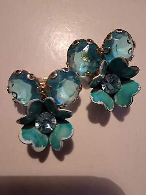 #ad Vintage Blue Flower Earrings Rhinestones Clip On $11.42