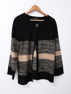 #ad Tally Ho Womens Gray 100% Wool Long Sleeve Cardigan Sweater Size M Black Beige $24.00