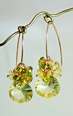 #ad 14k Gold Filled Lemon Quartz Peridot Briolette Gemstone Chandelier Earrings $79.00