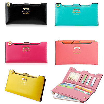 #ad Women#x27;s Long Leather Thin Wallet Cute Bow Purse Multi ID Credit Card Holder Gift $7.89