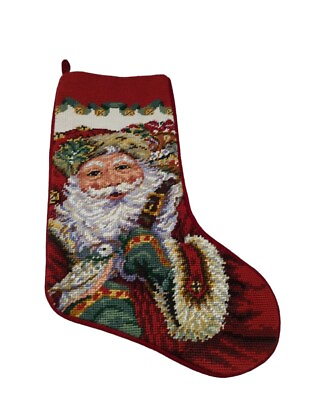 #ad SFERRA ? Wool Needlepoint Stocking Santa With Bird Jingle Bell Velvet VTG READ $69.00