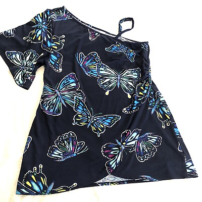 #ad New Ladies XL Butterfly Asymmetrical Navy Stretch One Sleeve Top Faux Wrap $26.90