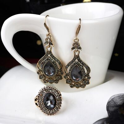 #ad Dark Gemstone Dangle Earrings Band Antique Cubic Zirconia Rings Earring 1set $9.90