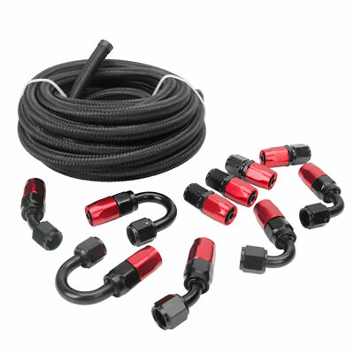 #ad Braided 3 8 Fuel Line 6 AN Oil Gas Fuel Aluminum Hose End Fitting Kit Black Red $44.99