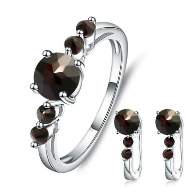 #ad Natural Round Black Garnet 925 Sterling Silver Clip Earring amp; Ring Jewelry Set $62.00