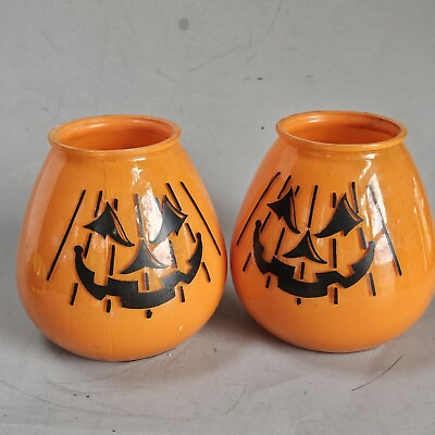 #ad Vintage Hob Goblin Halloween Candles Glass Jars Jack O Lantern $40.00