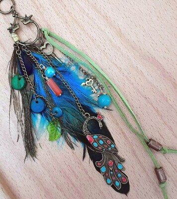 #ad Boho Rearview Mirror Charm Peacock Bird and Feathers Car Ornament Handmade $24.00