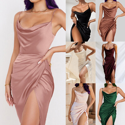 #ad Womens Satin Silk High Split Midi Dress Bodycon Ladies Sexy Party Cocktail Dress $16.24
