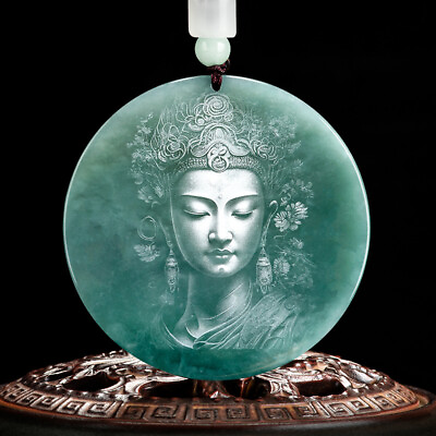 #ad Certified Natural Aaa Jade Blue Water Guanyin Bodhisattva Shadow Carved Pendant $28.99