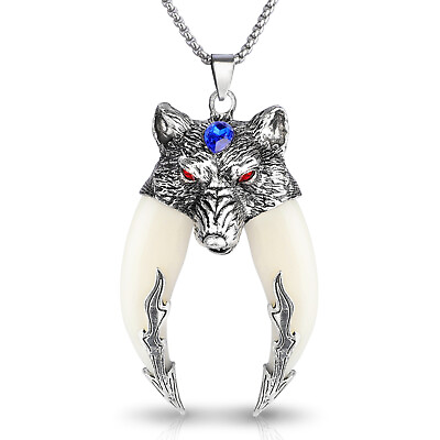 #ad Men#x27;s Wolf Head Teeth Pendant Fashion Necklace w Stainless Steel 27quot; Chain Gift $8.48