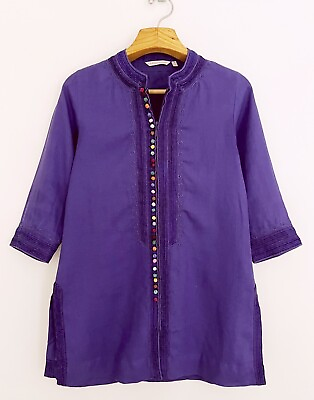 #ad SOFT SURROUNDINGS Women Embroidered Desert Linen Tunic Top XS Purple Zip Front $28.49