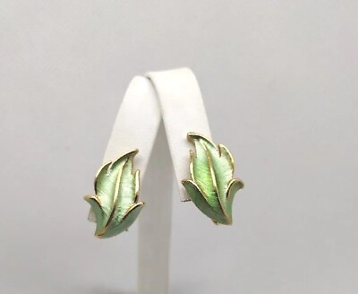 #ad Vintage Spring Green amp; Gold Leaf Clip On Earrings Jewelry Holiday Gift Estate $29.99