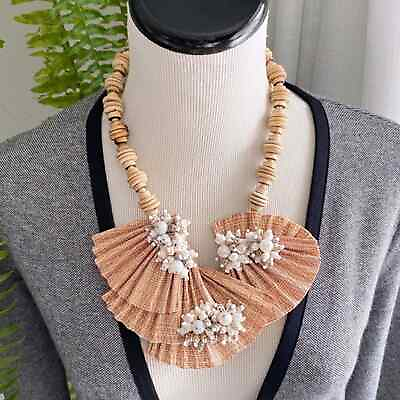 #ad RARE Margie Magic Mixed Media Statement Necklace Fabric Shells Beads Wood $59.69