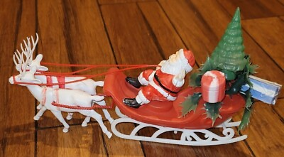 Vintage Mid Century Santa Claus amp; Reindeer Sleigh Present Christmas Plastic Deco $29.99