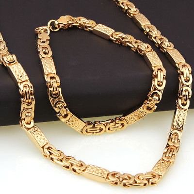 Mens Chain Jewelry Set Stainless Steel Gold Byzantine Link Necklace Bracelet $19.88