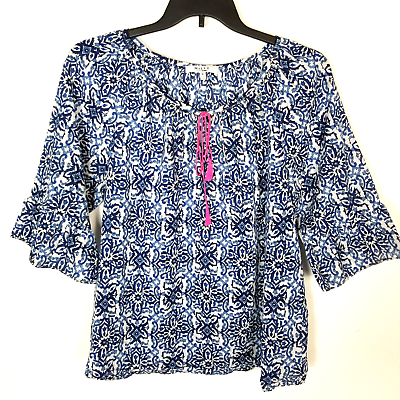 #ad Milly Women Geometric Floral Blouse Top Size XL Blue Combo 3 4 Sleeve Tassel $23.79