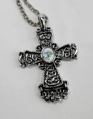 #ad Vintage Silvertone Cross Necklace With Blue Flower Porcelain Cabochon 28 Inches $21.81