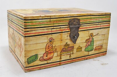 #ad Vintage Wooden Big Storage Chest Box Original Old HandCrafted Figurative Painted $149.00